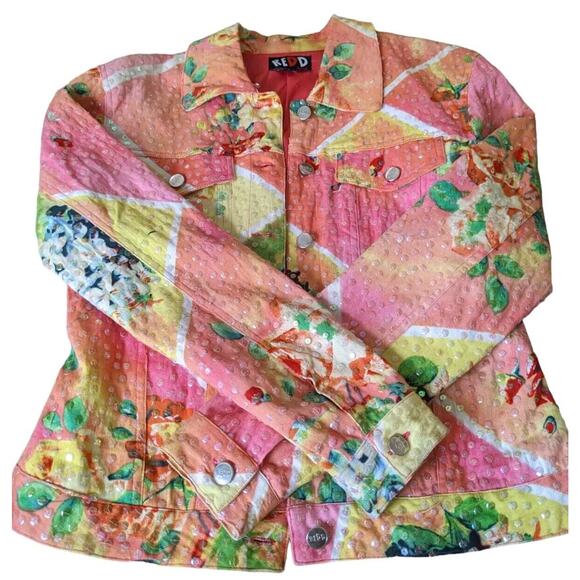Redd Jeans Trucker Jacket 4 Abstract Floral Iridescent Sequins Cottagecore Artsy - Picture 7 of 16